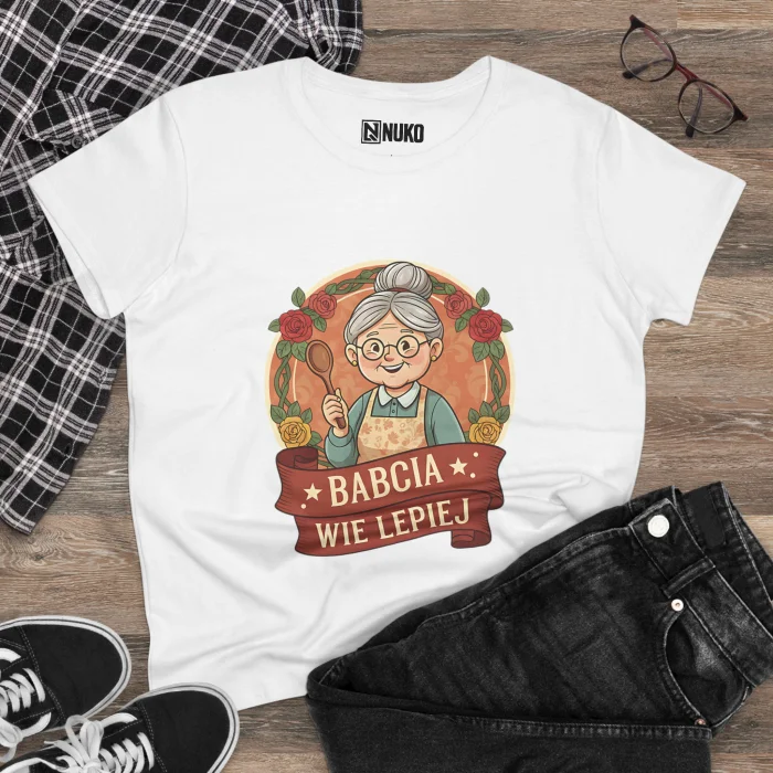 T-shirt Damski z nadrukiem Babcia Wie Lepiej