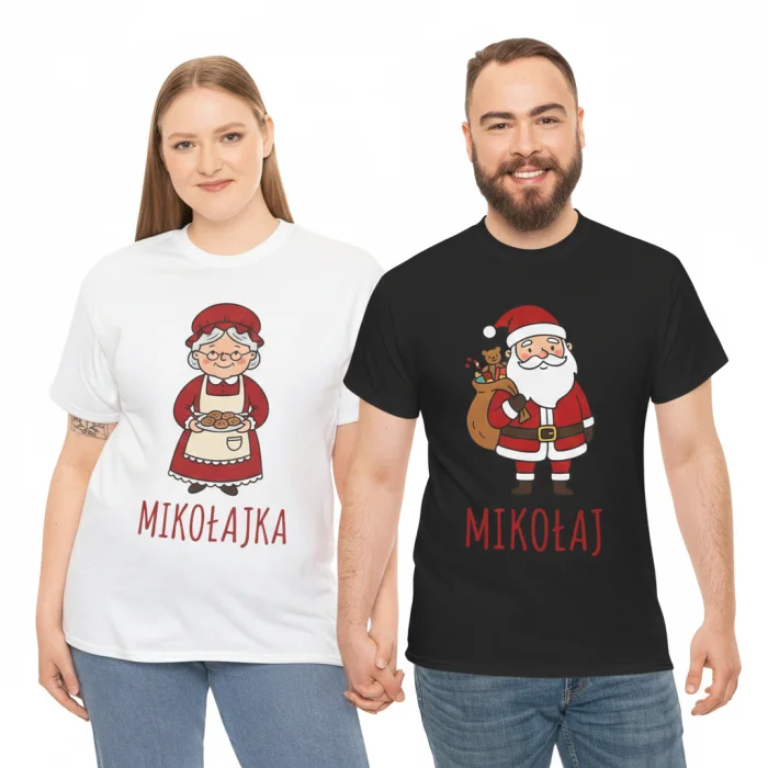 Koszulka dla par z nadrukiem Mikołaj i Mikołajka